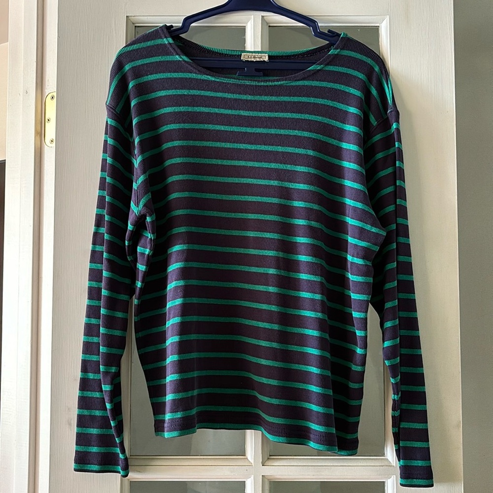 LL Bean Crew Neck Stripped Shirt traditional style Blue & Green